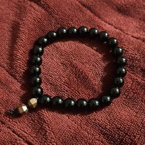 Black Beaded Stretch Bracelet with Gold Accent